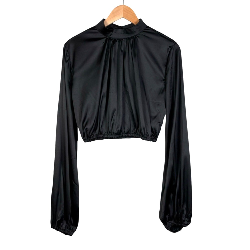 TO MY LOVERS Mock Neck Crop Top Size L Black Satin Long‎ Sleeve Blouse NWT